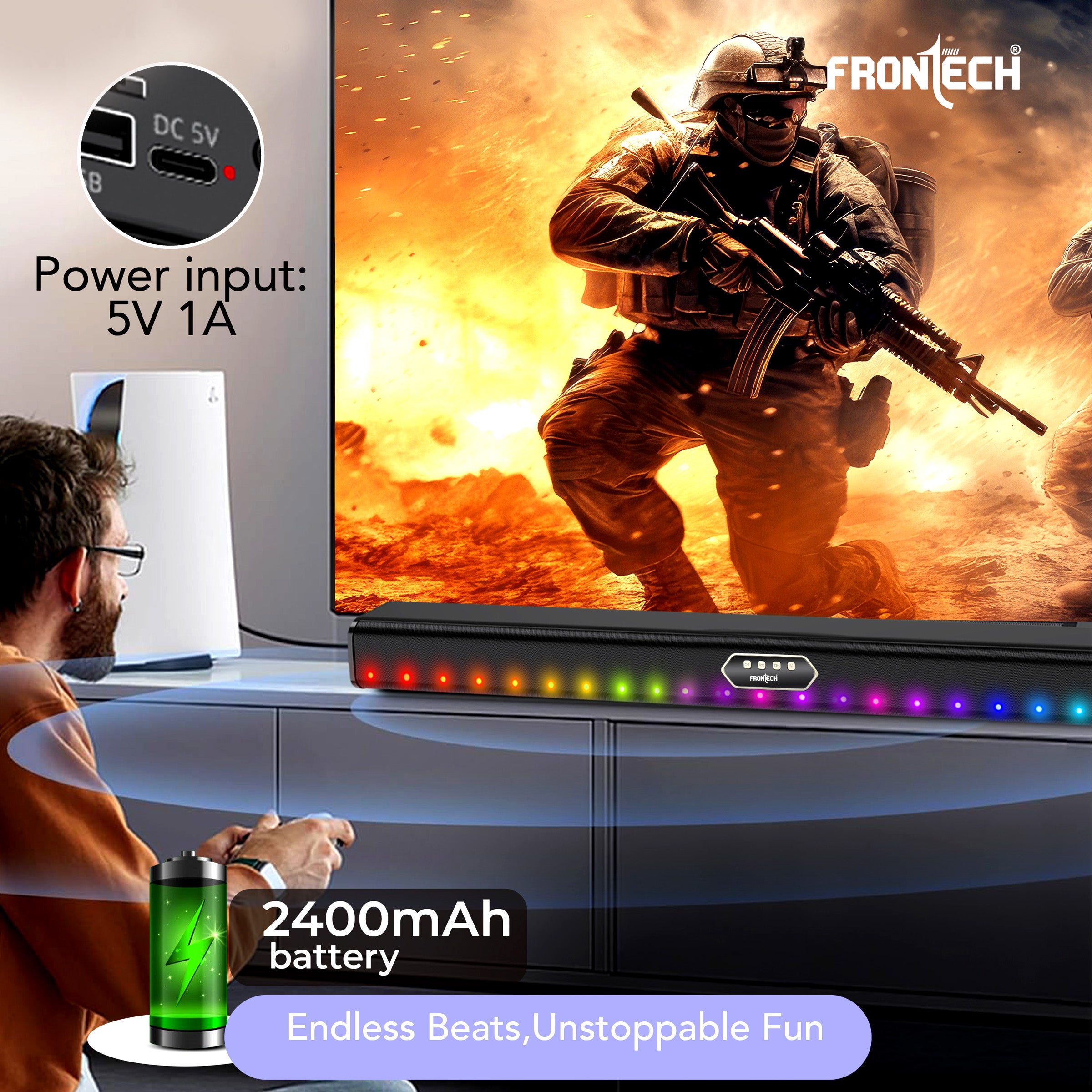 Frontech ECHOBAR | 50W | Bluetooth 5.3 Soundbar with RGB LED Lights | 2400 mAh Battery | AUX/USB/TF/Coax Inputs | Wall Mountable | Portable Speaker for TV, PC & Gaming (SW 0194 ) Frontech ECHOBAR | 50W | Bluetooth 5.3 Soundbar with RGB LED Lights | 2400 mAh Battery | AUX/USB/TF/Coax Inputs | Wall Mountable | Portable Speaker for TV, PC & Gaming (SW 0194 )